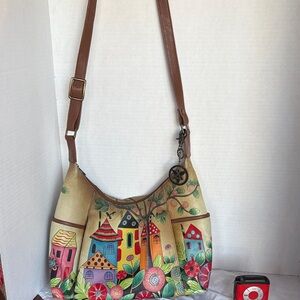 Anuschka Multicolor Village Print Shoulder Bag with Brown Strap with billfold